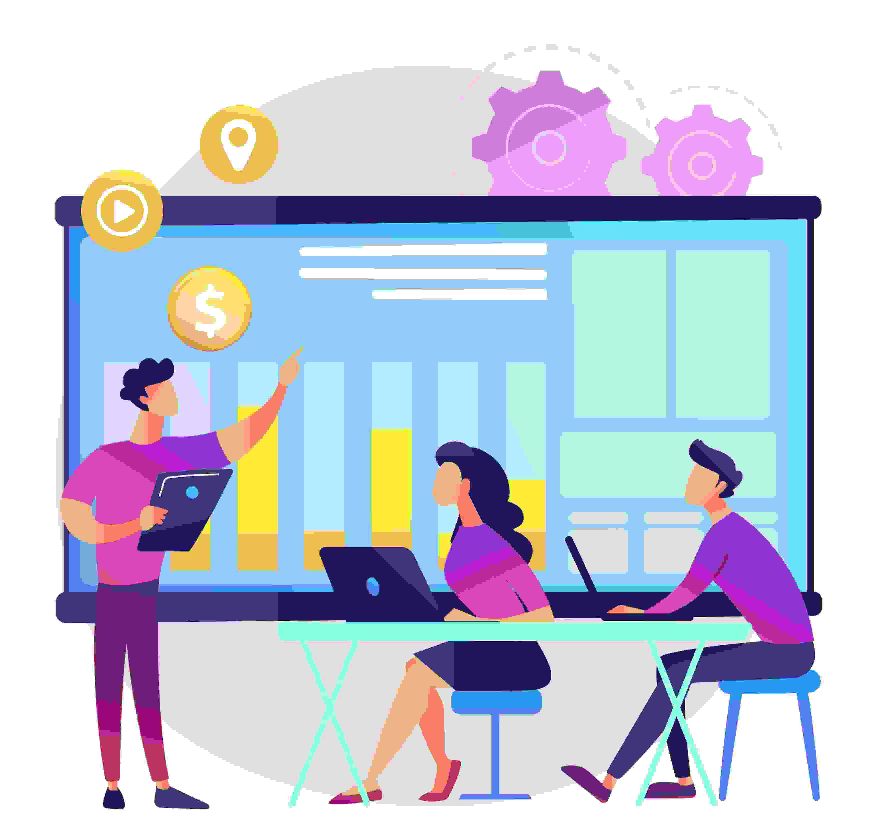 Illustration of scalable learning and tech team growth with budget efficiency icons, showing modular content, cloud infrastructure, and automation workflows