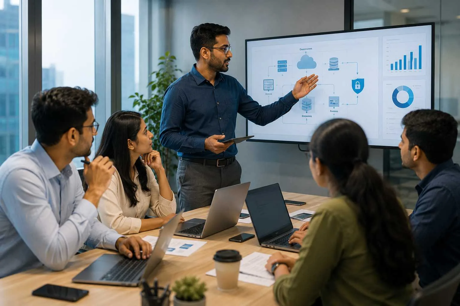 Diverse team of professionals collaborating to deliver digital learning and business transformation solutions