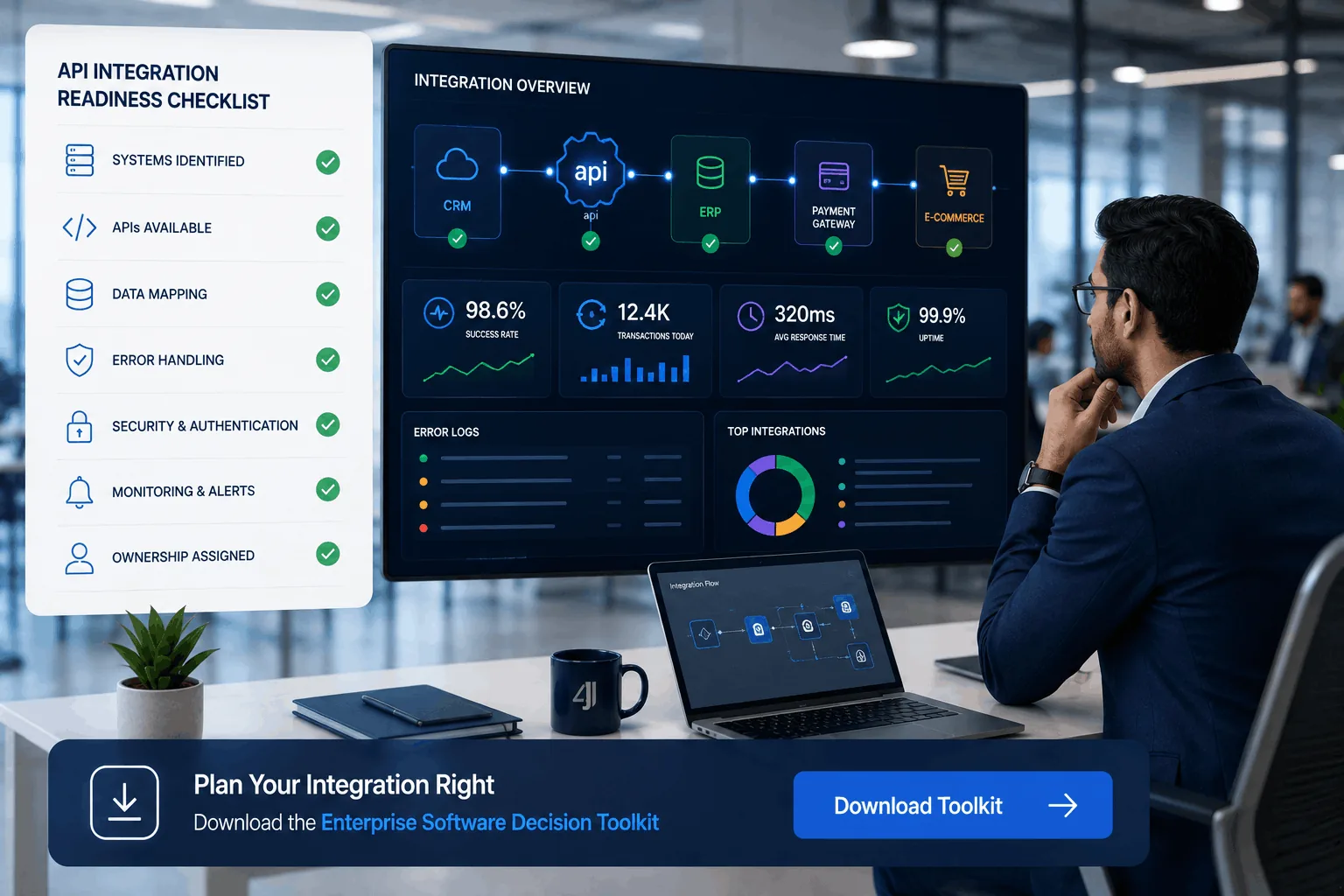 Technology leader evaluating an API integration readiness checklist alongside a real-time system monitoring dashboard.
