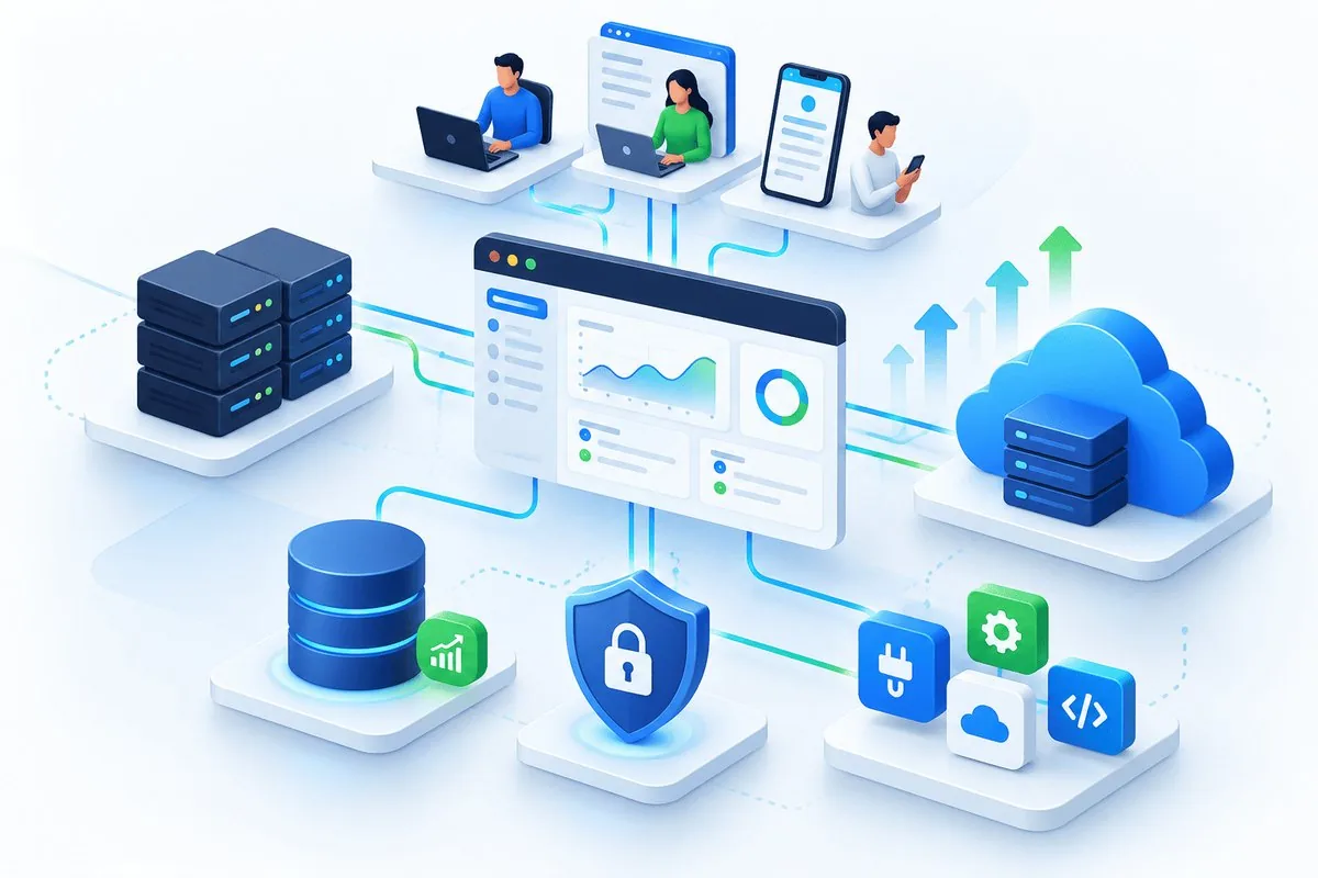 Custom web application solution architecture with database, security, hosting, integration and scalability layers