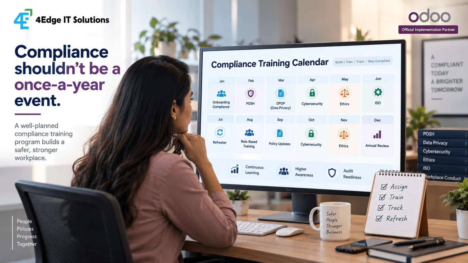 Compliance shouldn't be a once-a-year event — a month-by-month compliance training calendar covering onboarding, POSH, DPDP, cybersecurity, ethics, ISO, refreshers, role-based training, policy updates and annual review
