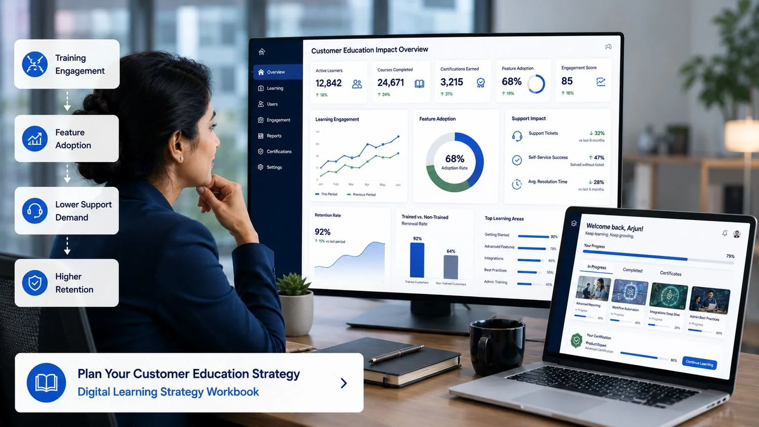 Customer education impact dashboard showing training engagement, feature adoption, lower support demand, and higher retention metrics.