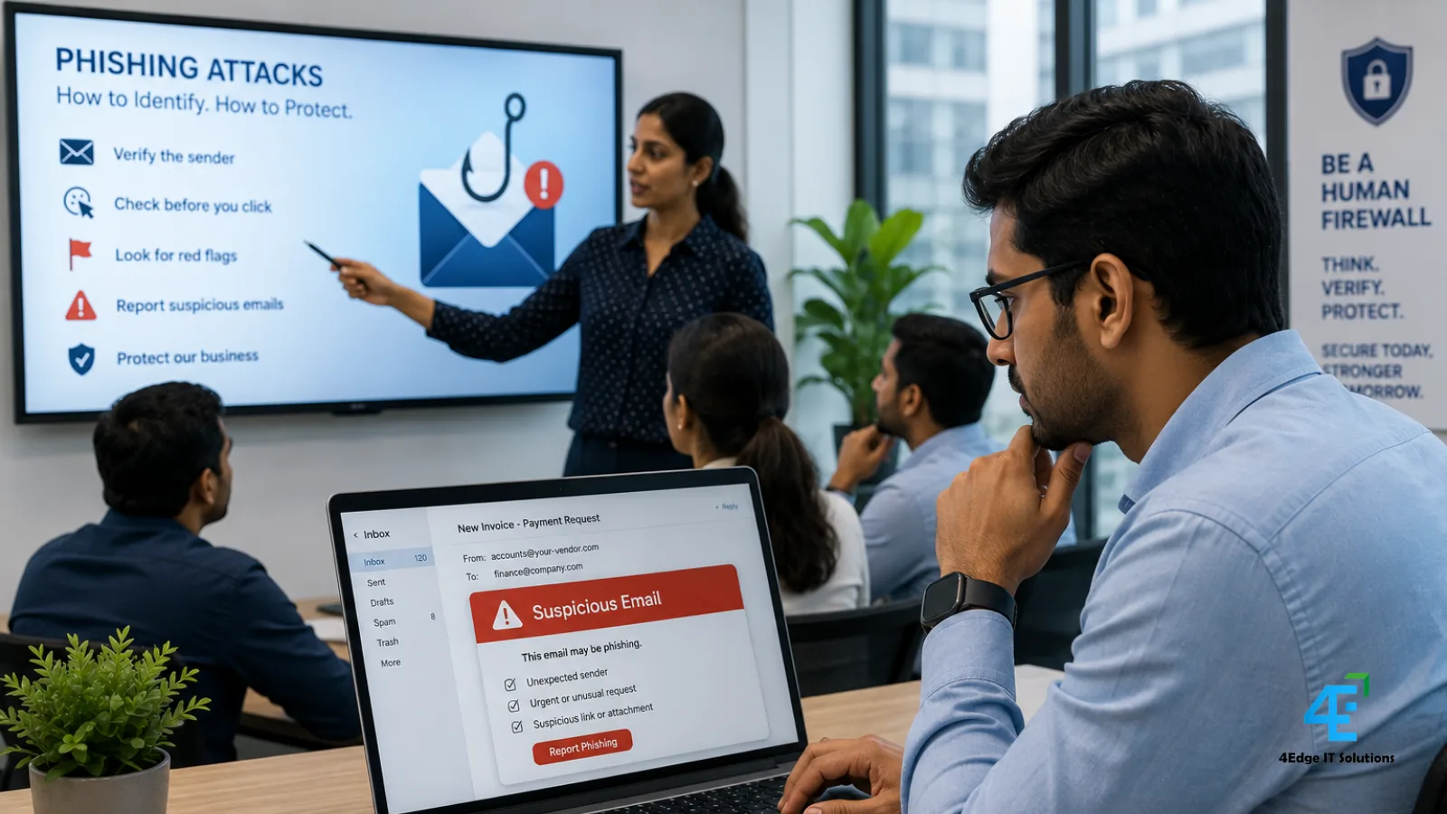 Employee identifying phishing emails during a cybersecurity awareness training session in a modern corporate office.