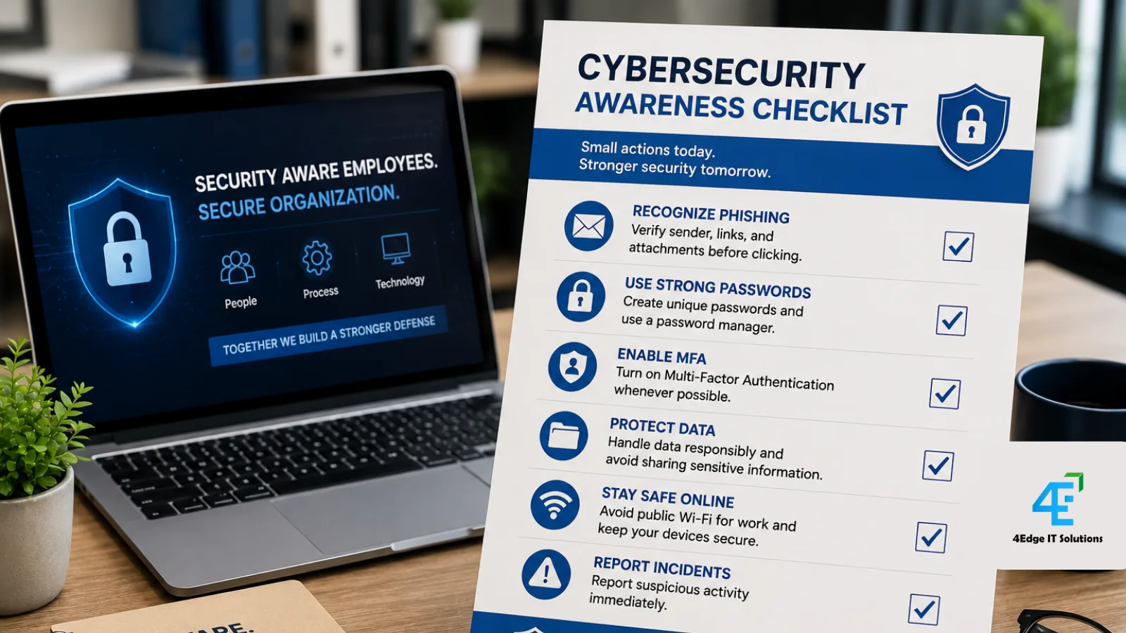 Cybersecurity Awareness Checklist showing phishing prevention, password security, incident reporting, and employee security best practices.