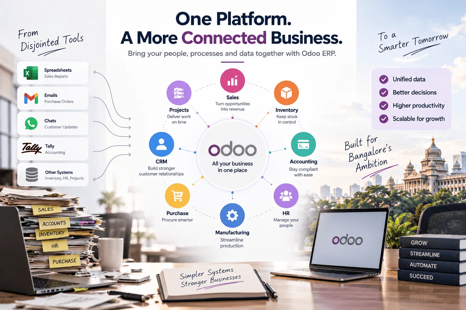 One platform, a more connected business: bringing sales, inventory, accounting, CRM, purchase, manufacturing and HR together with Odoo ERP