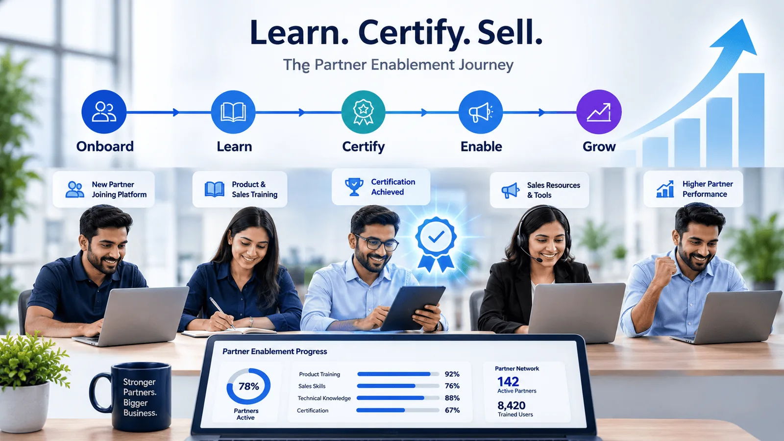 Partner enablement journey graphic showing the Onboard, Learn, Certify, Enable, and Grow stages for channel partner training.