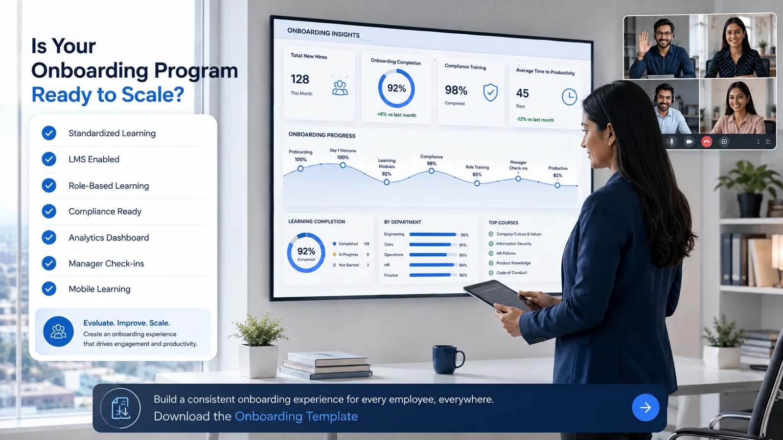 Business leaders reviewing onboarding success metrics and employee learning progress on a digital dashboard.