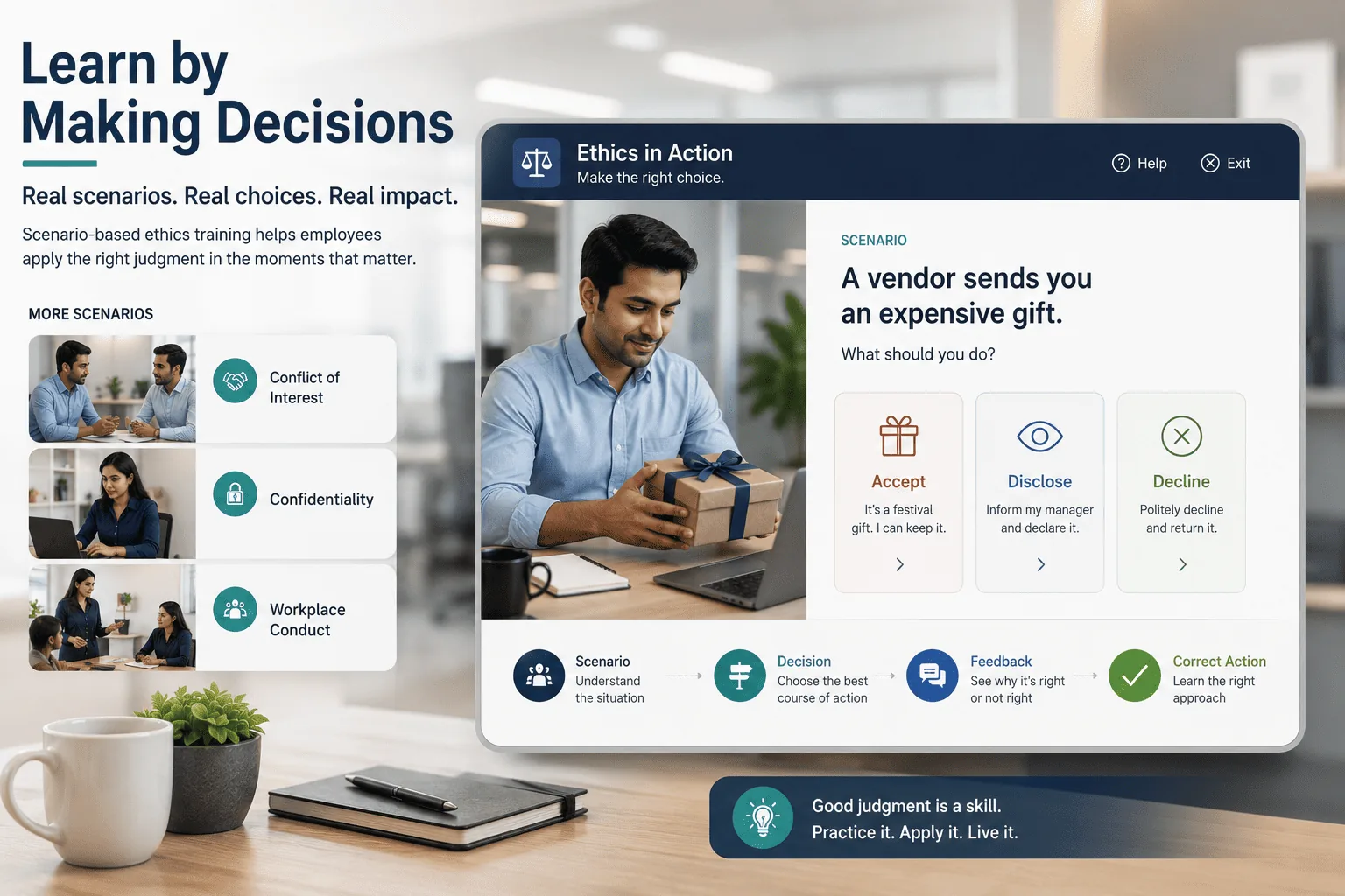 Scenario-based ethics training screen showing an employee deciding how to respond to a vendor gift, with options to accept, disclose, or decline.
