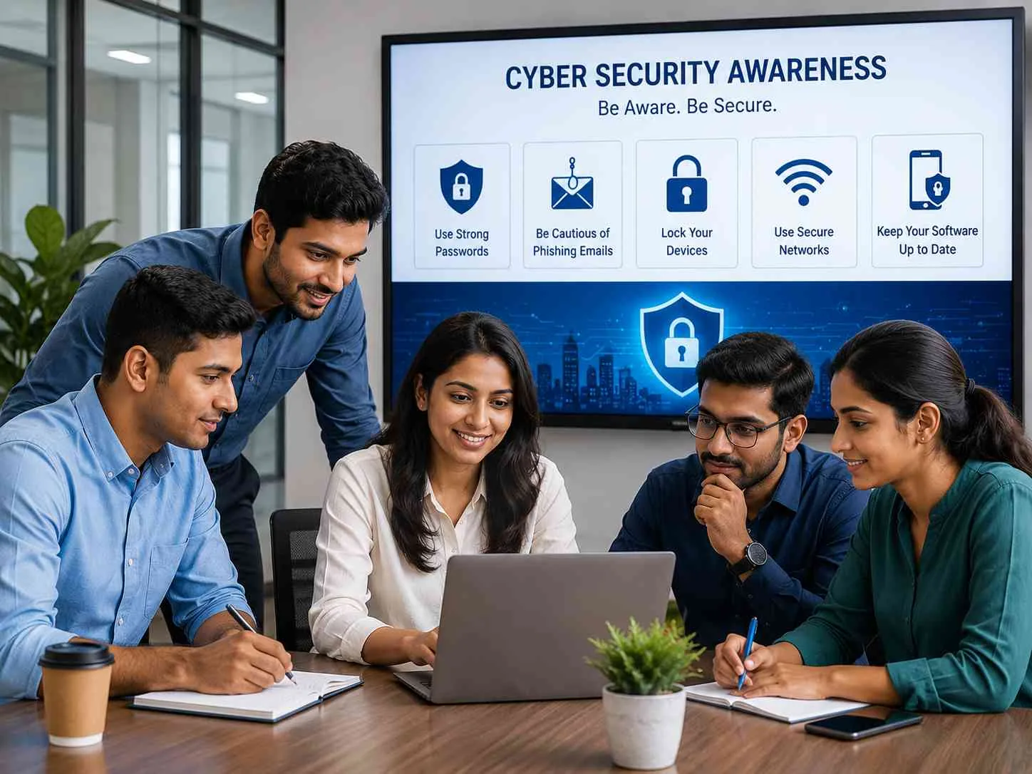 Employees participating in cybersecurity awareness training to identify phishing and protect sensitive information