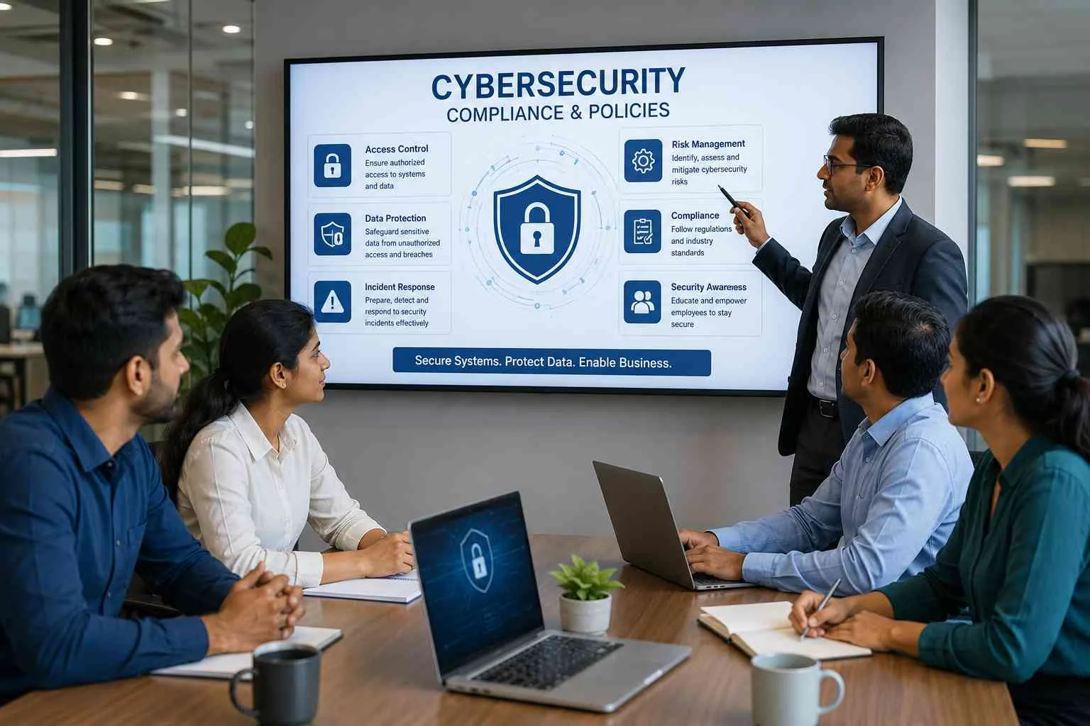 Employees learning data privacy principles and secure data handling practices in workplace settings