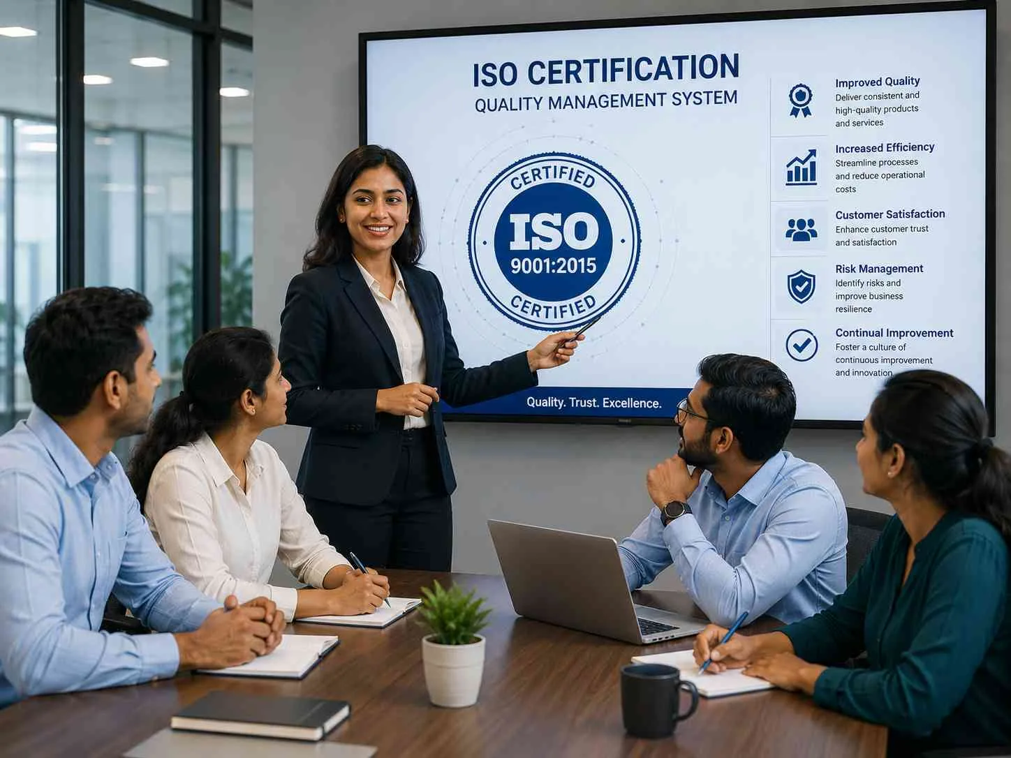Professionals reviewing ISO standards documentation and certification processes